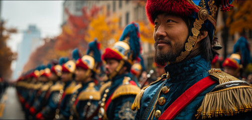 Naklejka premium Men In Uniform Marching During Fall Festival A man in military uniform with a red and gold hat is marching in a parade with a group of men.