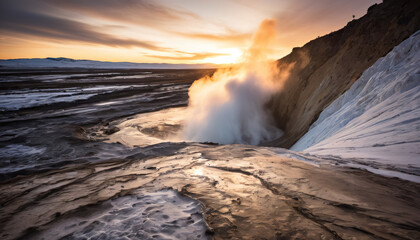 Fototapeta premium Geyser Field Wanders in Cloudy Winter: The Traveler's Tale Engulfed in Landslide