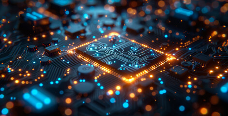 Illuminated Circuit Board With Integrated Chip A close-up shot of a circuit board with a central integrated chip, illuminated by glowing lines of light.