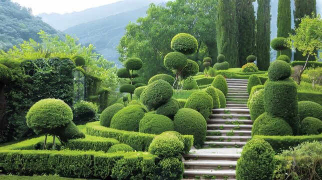 Elegant landscaping featuring meticulously pruned hedges and beautifully sculpted topiaries