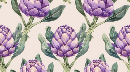 A pattern of purple artichokes and green leaves on a light background. Botanical design and wallpaper