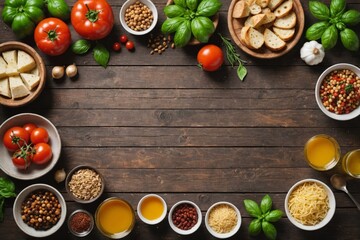 Italian food ingredients on old wooden background, top view.
