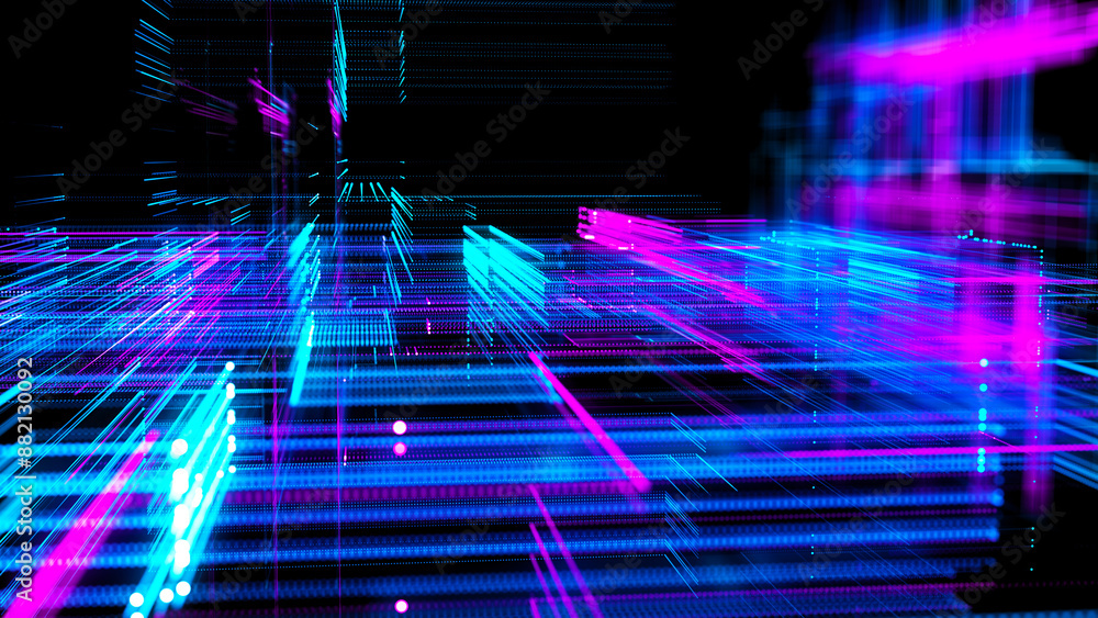 Poster abstract techno background. three-dimensional composition of intersecting multi-colored grids. infor