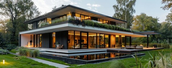 Modern sustainable house with renewable energy sources.