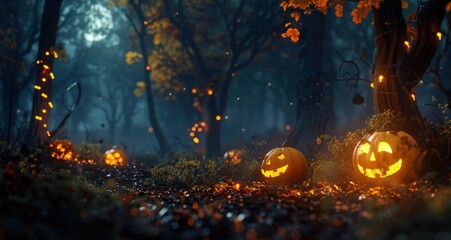 Halloween night forest with glowing pumpkins and moonlight.