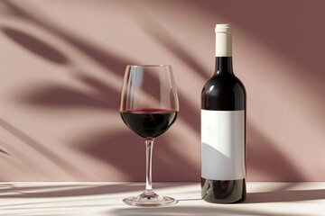 A bottle of red wine next to a filled wine glass on a clean background