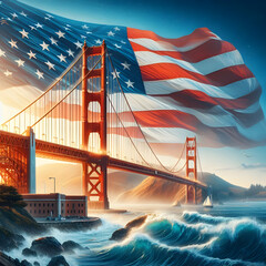 The Golden Gate Bridge: Iconic Landmark with American Flag in Photo Realistic Style, Ideal for Conceptual Stock Photos