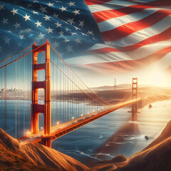 Obraz premium Golden Gate Bridge with American Flag Iconic Landmarks and National Pride in USA Stock Photo Concept