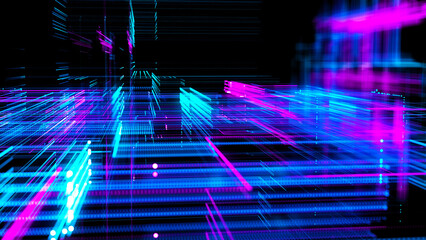 Abstract techno background. Three-dimensional composition of intersecting multi-colored grids. Information technology concept. Digital cyberspace with particles. 3d rendering.