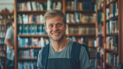 Handsome Smile student man with backpack and books in library, education, university, cheerful, college, happy, standing, school, backpack, attractive, enjoyment, confidence