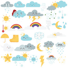 Cute weather set. Emotional weather forecast. Cute sun and happy clouds. Simple cute cartoon design. 