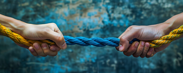 Close-up of hands pulling two colored ropes symbolizing conflict and decided knot in one color Conflict Resolution Concept