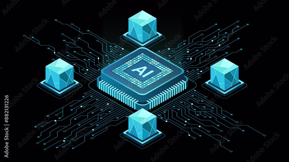 Poster isometric artificial intelligence chip animation. artificial intelligence concept. futuristic microc