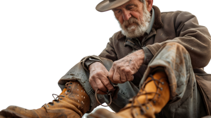 Cobbler repairing shoes, Labor Day homage to skilled shoemaking, traditional craftsmanship in action, png file, isolated on white