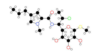 clindamycin molecule, structural chemical formula, ball-and-stick model, isolated image antibiotic