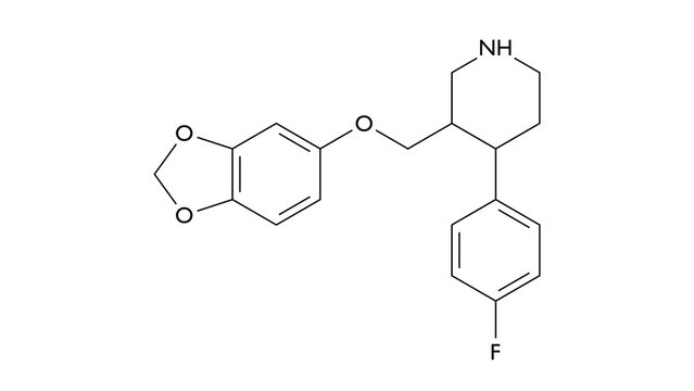 paroxetine molecule, structural chemical formula, ball-and-stick model, isolated image antidepressant