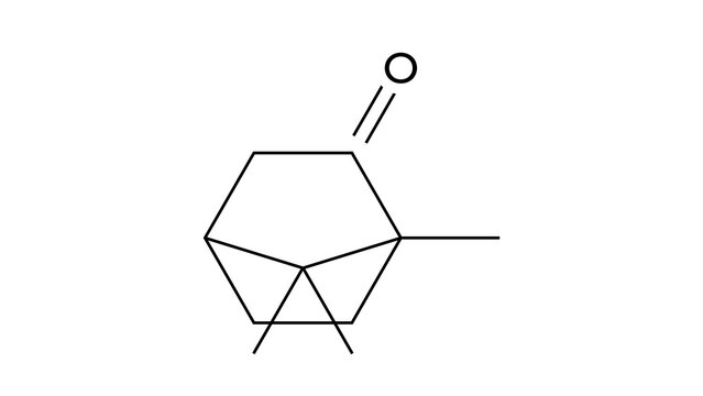 camphor molecule, structural chemical formula, ball-and-stick model, isolated image terpenoid