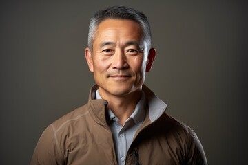Obraz premium Portrait of a tender asian man in his 50s sporting a technical climbing shirt isolated on light wood minimalistic setup
