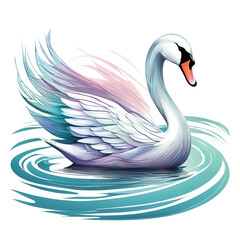 Elegant, colorful swan gracefully gliding on serene water, showcasing beautiful, detailed feathers and tranquil nature scene. Isolated on PNGs transparent background.