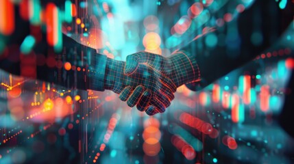 technical illustration of business people shaking hands There is a stock market graph with stocks going up and stocks going down together in the picture, close-up