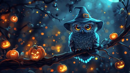 A cute owl wearing a witchs hat