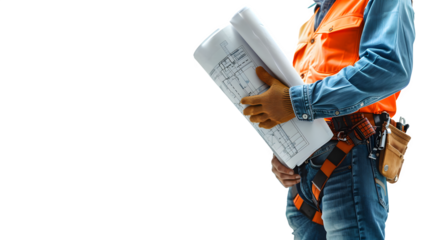 Construction worker with hard hat and blueprint, construction site planning and safety, skilled labor in action, png file, isolated on white