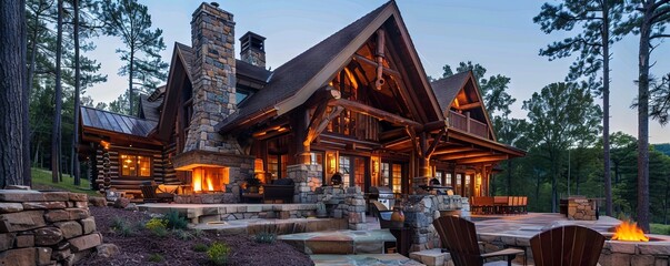 Rustic log cabin with a stone fireplace and timber frame construction.