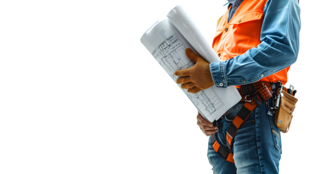 Construction worker with hard hat and blueprint, construction site planning and safety, skilled labor in action, png file, isolated on white
