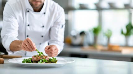 Meticulously Plated Gourmet Dish by a Professional Chef in a Blurred Kitchen Setting