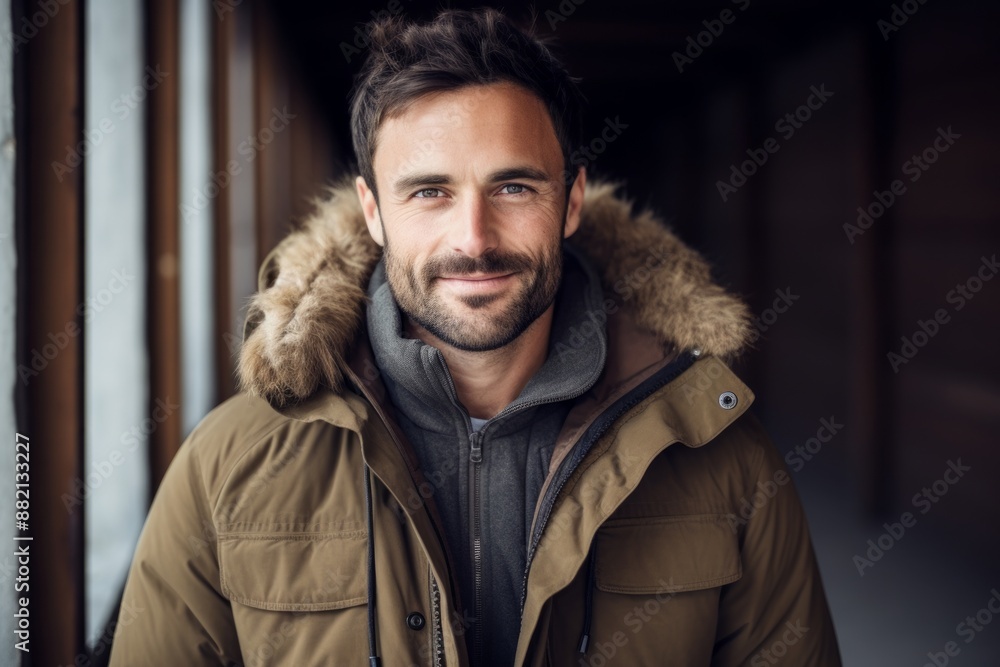 Sticker Portrait of a blissful man in his 30s wearing a warm parka isolated in empty modern loft background