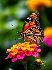 Naklejka premium A vibrant and intricate butterfly resting on a flower.AI generation.
