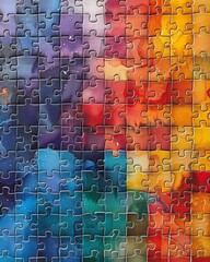 A colorful array of jigsaw puzzle pieces painted in an artistic watercolor style. The pieces exhibit a gradient from red to blue, with splashes of color creating an abstract art effect.