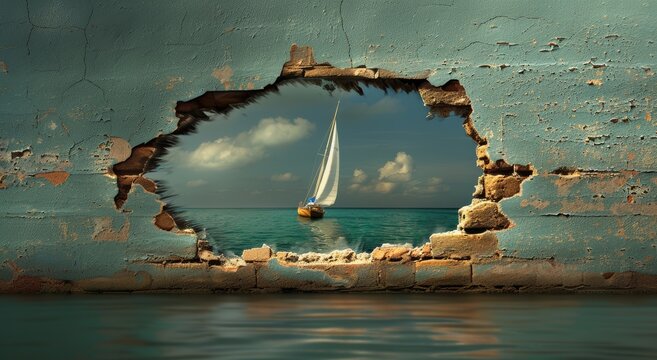 pareidolic anamorphosis of a hole in a brick wall morphed into a hublot of a sail boat, a window to the sea
