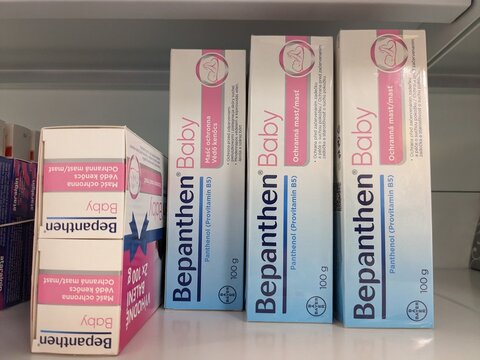 Prague, Czech Republic - July 10 2024: BEPANTHEN BABY box of medication with DEXPANTHENOL active substance by BAYER, used for treatment of diaper rash and skin irritation in babies.






