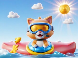 A cartoon cat wearing a snorkel and goggles is floating on a raft in the ocean