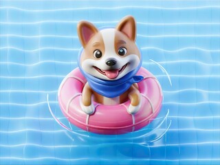 A cartoon dog is in a pink float in a pool
