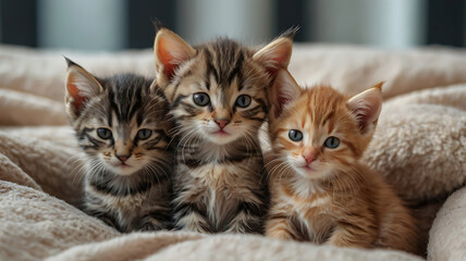 A heartwarming image of three kittens cuddling together on a soft blanket 