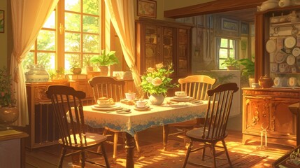 Fototapeta premium Sunny Morning Dining Room with Elegant Table Setting and Blooming Flowers