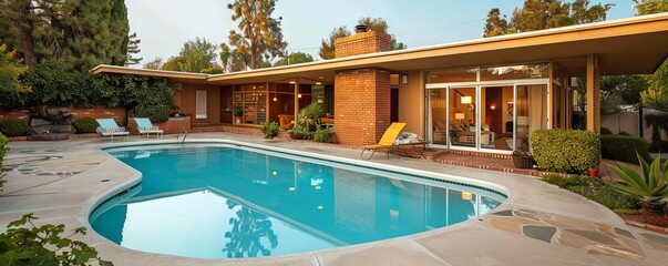 Fototapeta premium Retro ranch house with a kidney-shaped swimming pool.