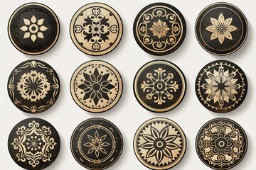 Set of decorative plates with a circular brown pattern, top view. White background
