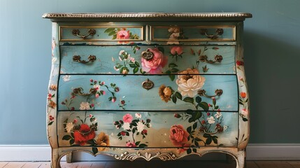 Vintage Floral Painted Dresser Against Blue Wall with Antique Brass Handles