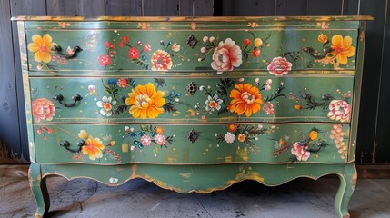 Vintage Hand-Painted Green Dresser with Colorful Floral Accent Designs