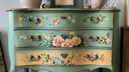 Vintage Floral Hand-Painted Dresser with Antique Charm and Rustic Design