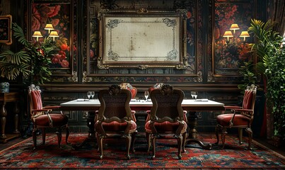 Vintage dining room with a blank menu card.