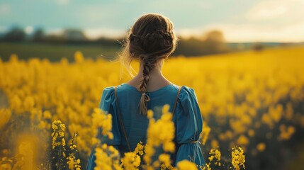 Fototapeta premium A woman stands amidst a bright yellow field of flowers, offering a serene and peaceful scene