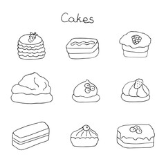 Cakes set, vector illustration hand drawn doodles