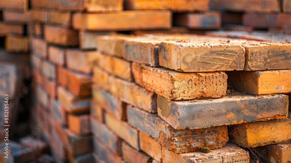 Poster stack of bricks at construction site for building walls with space for text