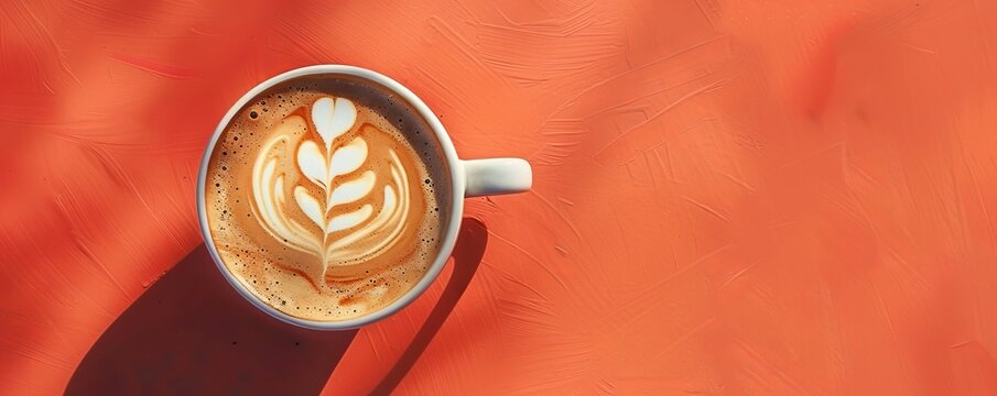 A frothy cappuccino with beautiful latte art in a white cup, set against a vibrant orange background, capturing a cozy coffee moment.