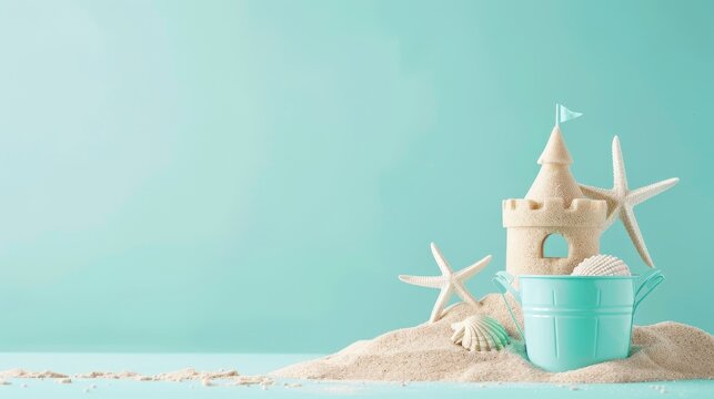 A cute sandcastle and bucket placed on a solid pastel teal background with space above for text
