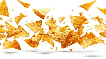 Naklejka premium A pile of potato chips falls from the sky, suspended in mid-air